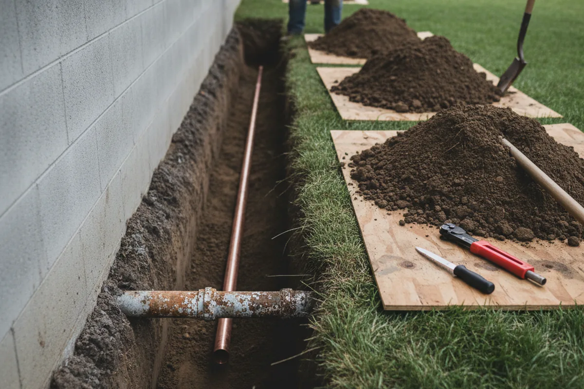 Excavated water line trench during Water Softener Installation in Camas